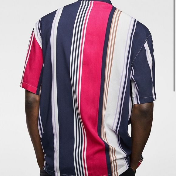 Zara Men's Relaxed Fit Short Sleeve Button Up Pink Blue Stripe Shirt Sz M NWT - Picture 4 of 16